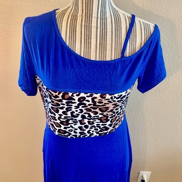 NWT Mini Dress Large Bikatu Royal Blue Animal Panel Asymmetrical Shoulders - Picture 2 of 14
